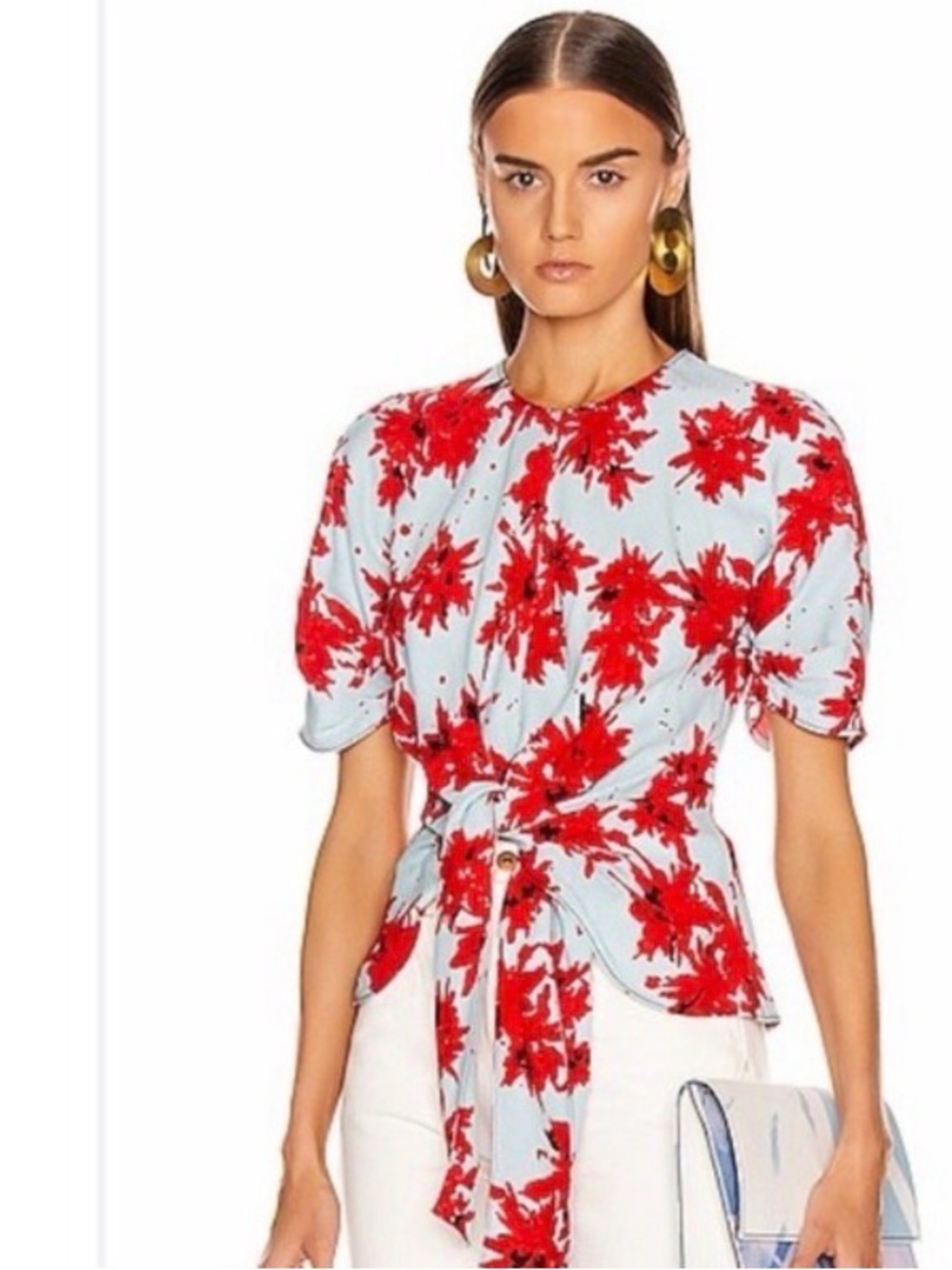 Proenza Schouler Splatter Floral Tie Top Sz 4 Red Baby Blue Short Sleeve See Pic